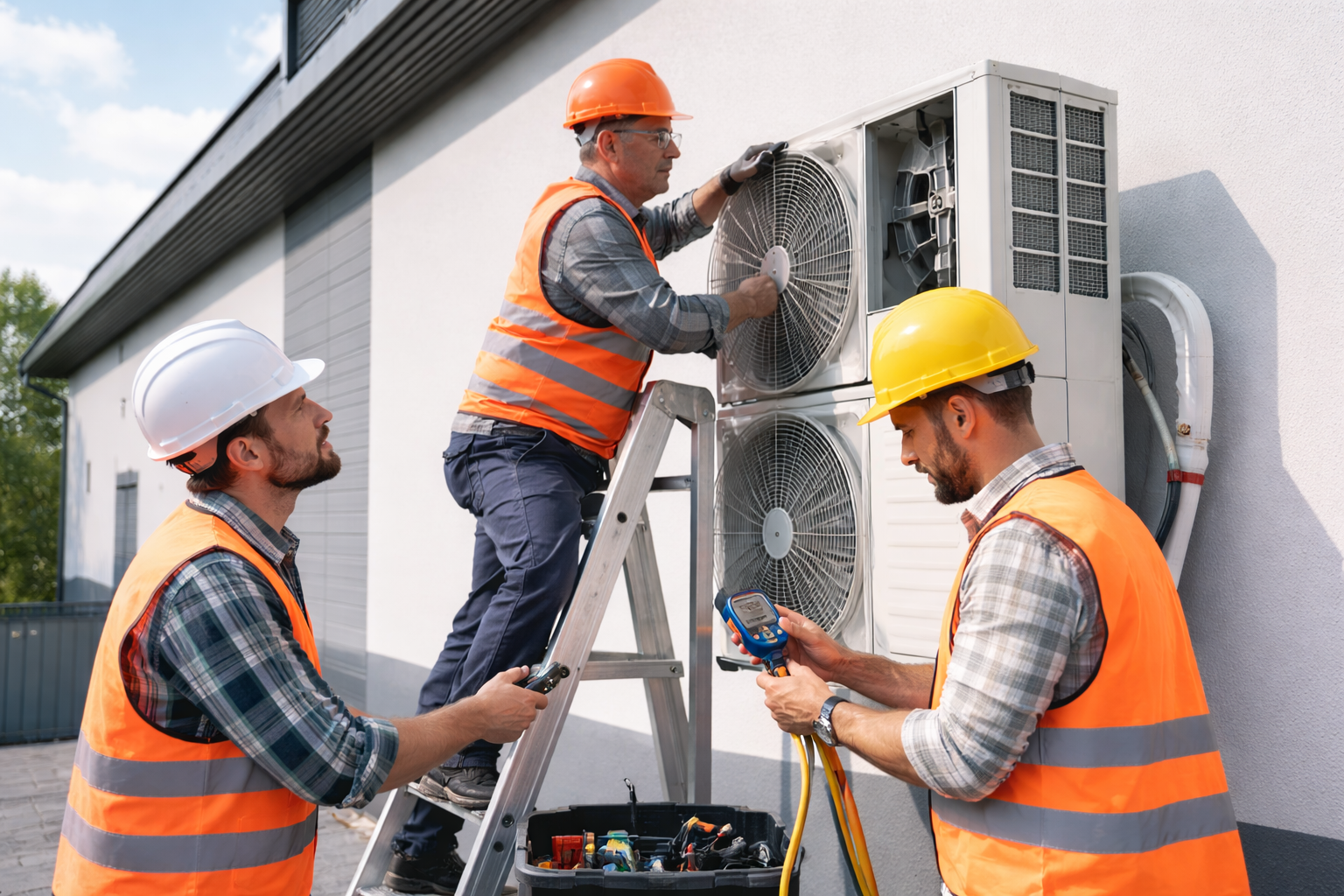 Technik montuje jednostkę klimatyzacji
